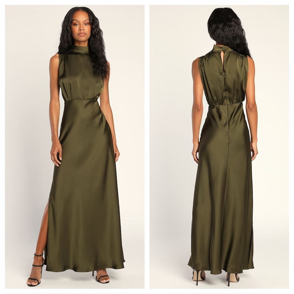 Lulus Classic Elegance Olive Satin Sleeveless Mock Neck Maxi Dress